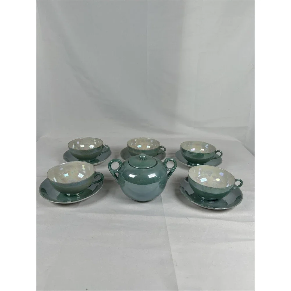 Vtg Lot Hand painted Japan Green Opal Lusterware Cups Saucers Sugar Bowl W/ Lid